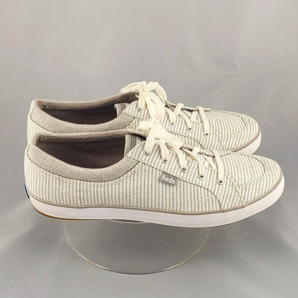 Keds Center Stripe Canvas Sneaker Shoe Gray and White Women’s 9.5 Memory Foam EC